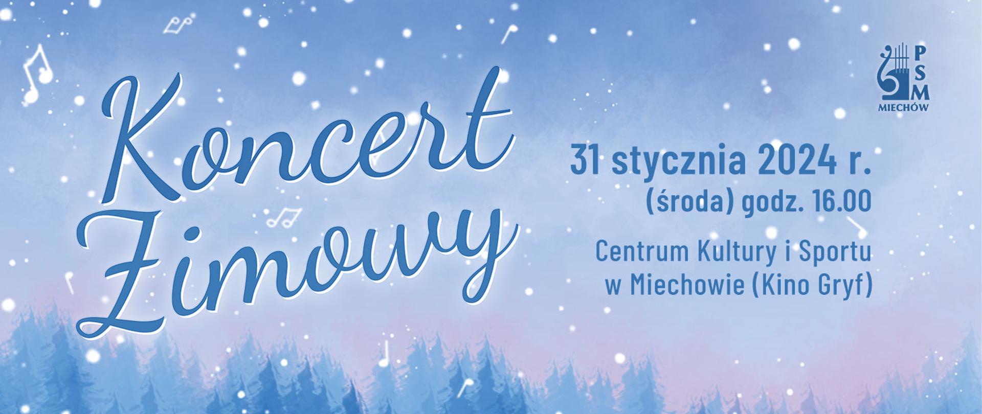Plakat na jasnoniebieskim tle z ikonami śnieżynek i nut oraz tekstem informującym o dacie i miejscu koncertu