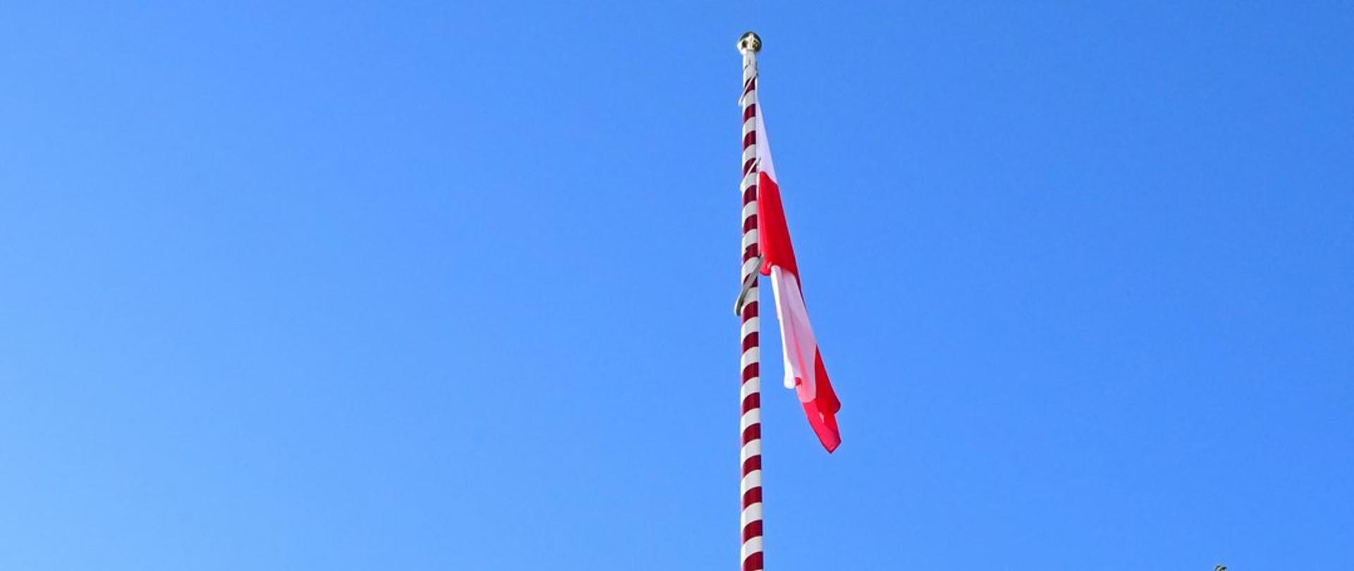 Funkcjonariusze Państwowej Straży Pożarnej stoją przed masztem na którym wisi flaga państwowa. 