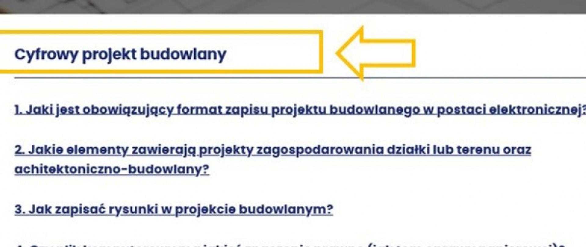 Zrzut ekranu z nagłówkiem „Cyfrowy projekt budowlany” i czterema pytaniami dotyczącymi elektronicznego zapisu projektu budowlanego.