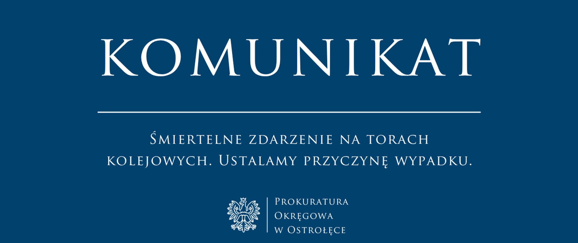 Biały napis Komunikat Śmiertelne zdarzenie na torach kolejowych. Ustalamy przyczynę wypadku na niebieskim tle.