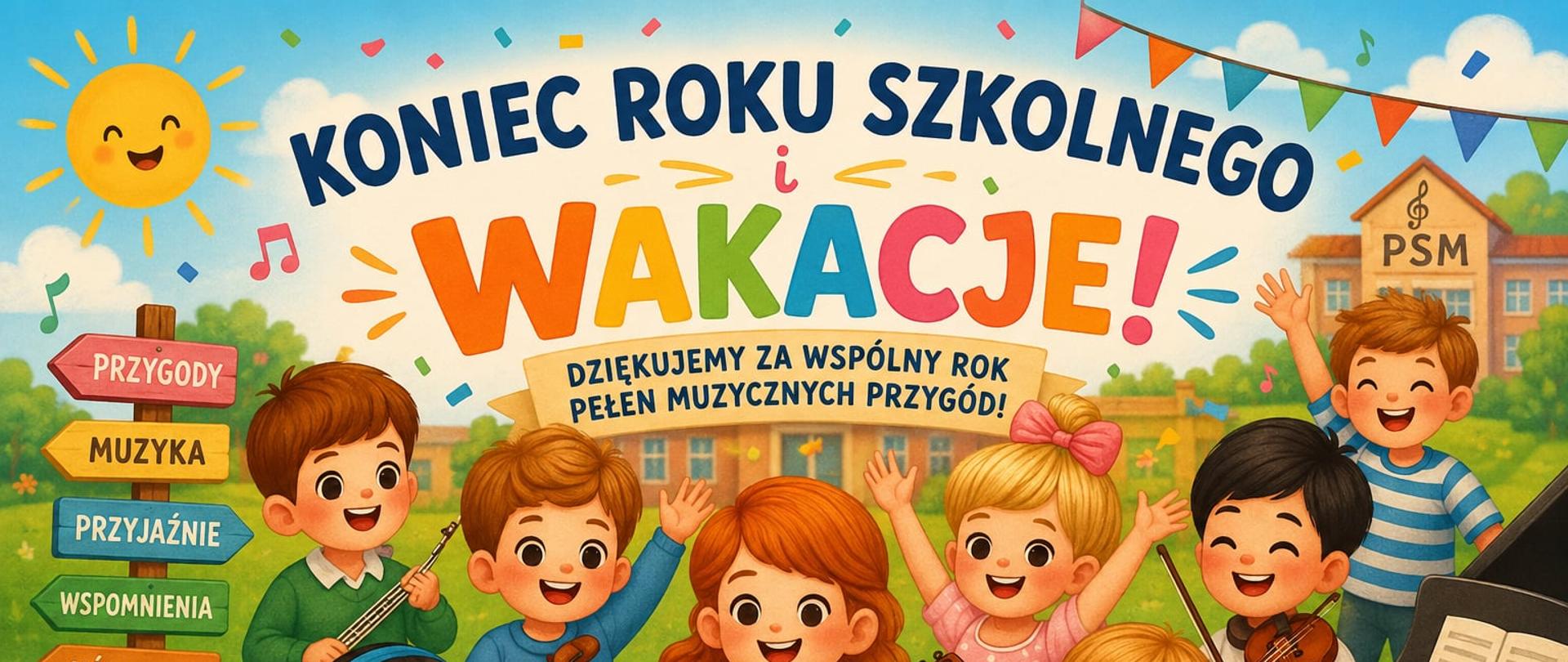 Radosna ilustracja dzieci ze szkoły muzycznej świętujących zakończenie roku szkolnego. Uczniowie z instrumentami stoją na tle szkoły, a nad nimi widnieje napis „Koniec Roku Szkolnego i Wakacje!”.