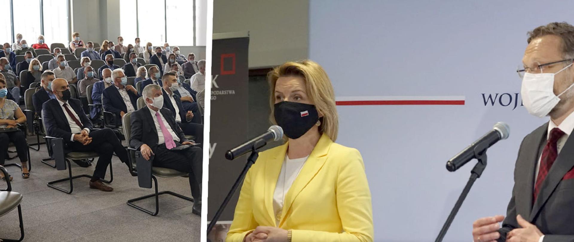 Kolaż zdjęć. Po stronie lewej sala wypełniona siedzącymi ludźmi z maseczkami na twarzach. Po prawej stronie dwie osoby - kobieta i mężczyzna stojący przed mikrofonami. Oboje maja maseczki na twarzach.