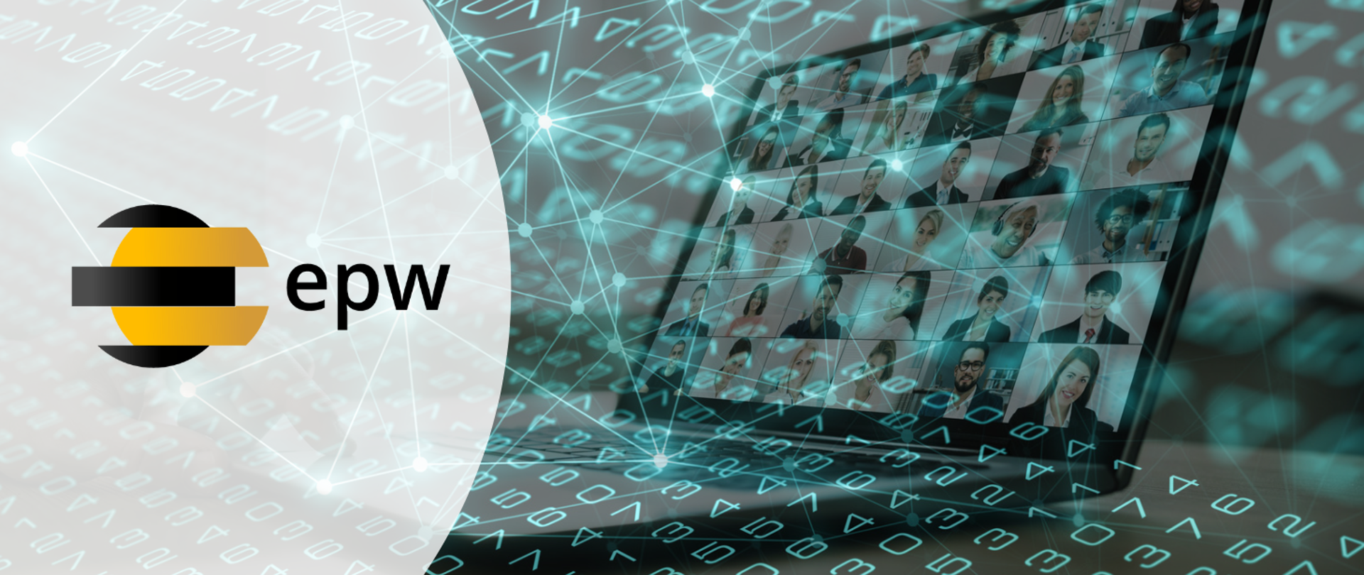 Logo projektu EPW na tle motywu nawiązującego do kryptografii oraz zdjęcia otwartego laptopa z wyświetlonymi na ekranie zdjęciami uczestników konferencji online.