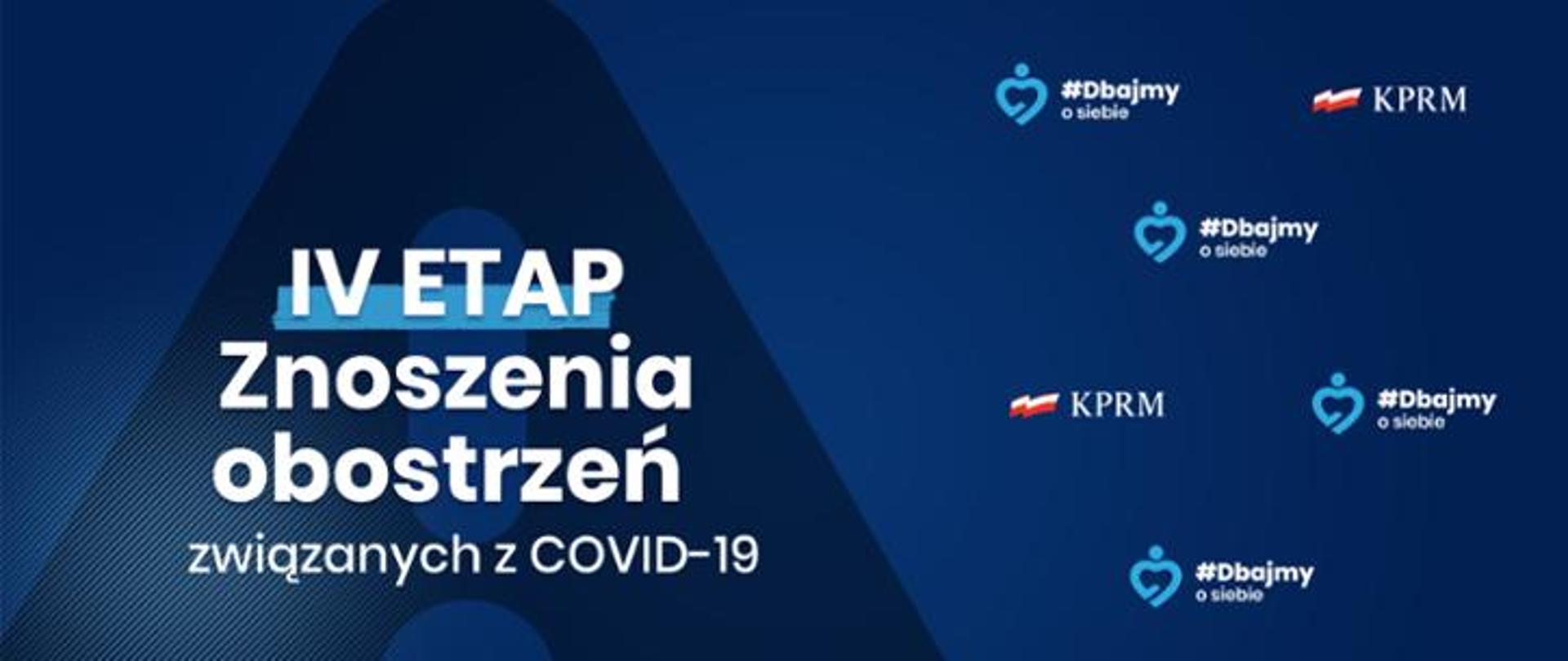 Grafika z napisem "IV etap Znoszenia obostrzeń związanych z COVID-19" znakami graficznymi KPRM i #dbajmy o siebie. 