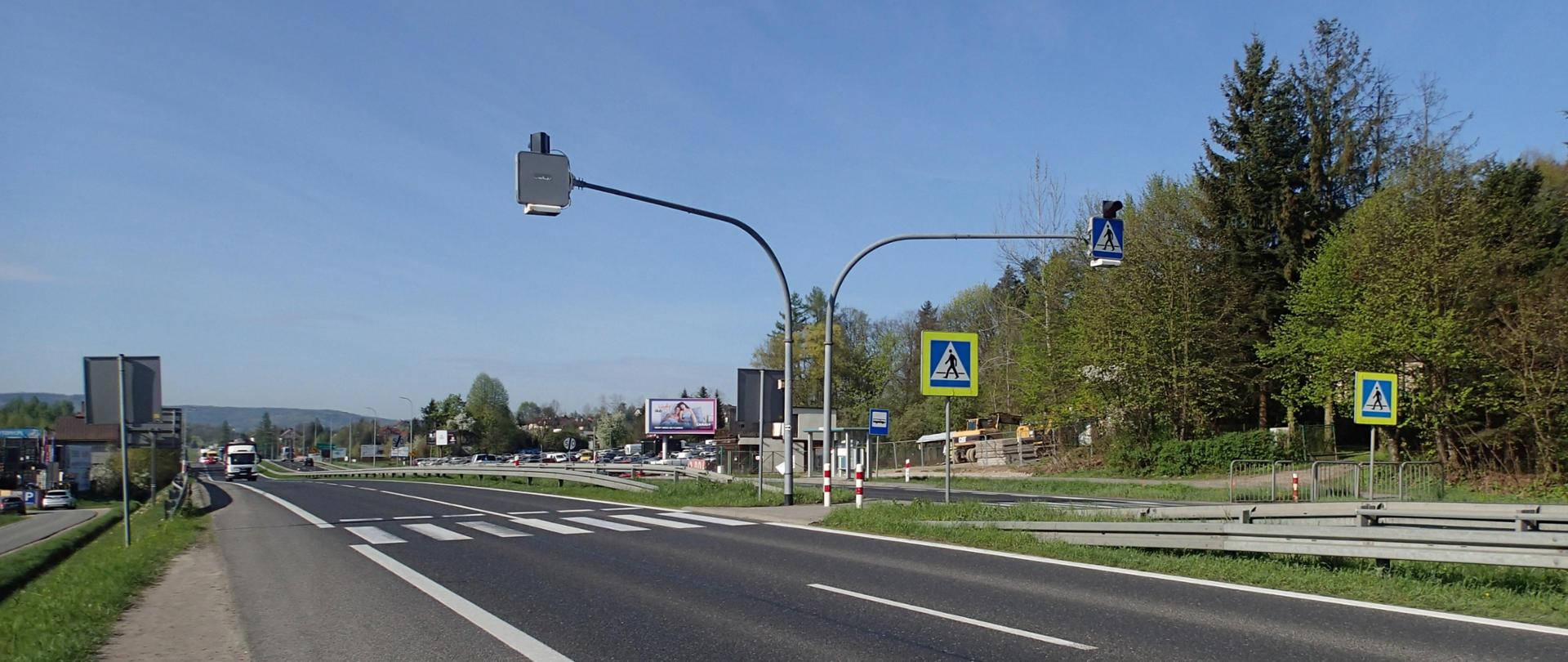 przejście dla pieszych na zakopiance w Głogoczowie, znaki przejścia ustawione obok drogi i nad nią, po prawej drzewa