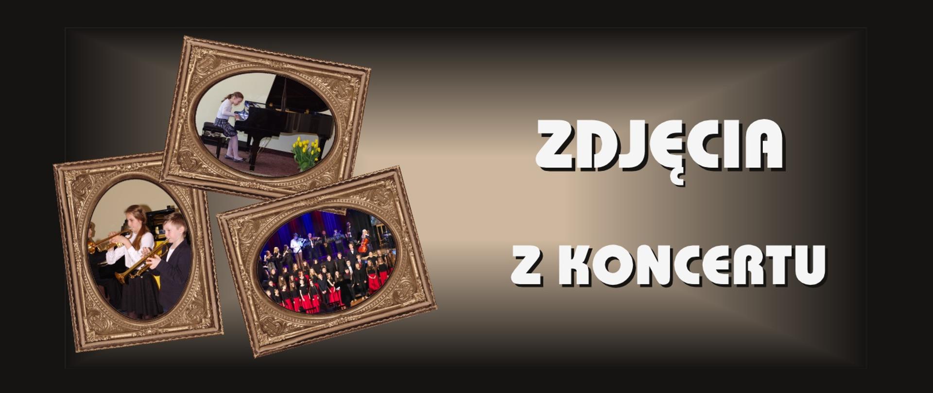grafika przedstawiająca ozdobne ramki ze zdjęciami po lewej stronie i napis "Zdjęcia z koncertu" po prawej, na ciemnym tle