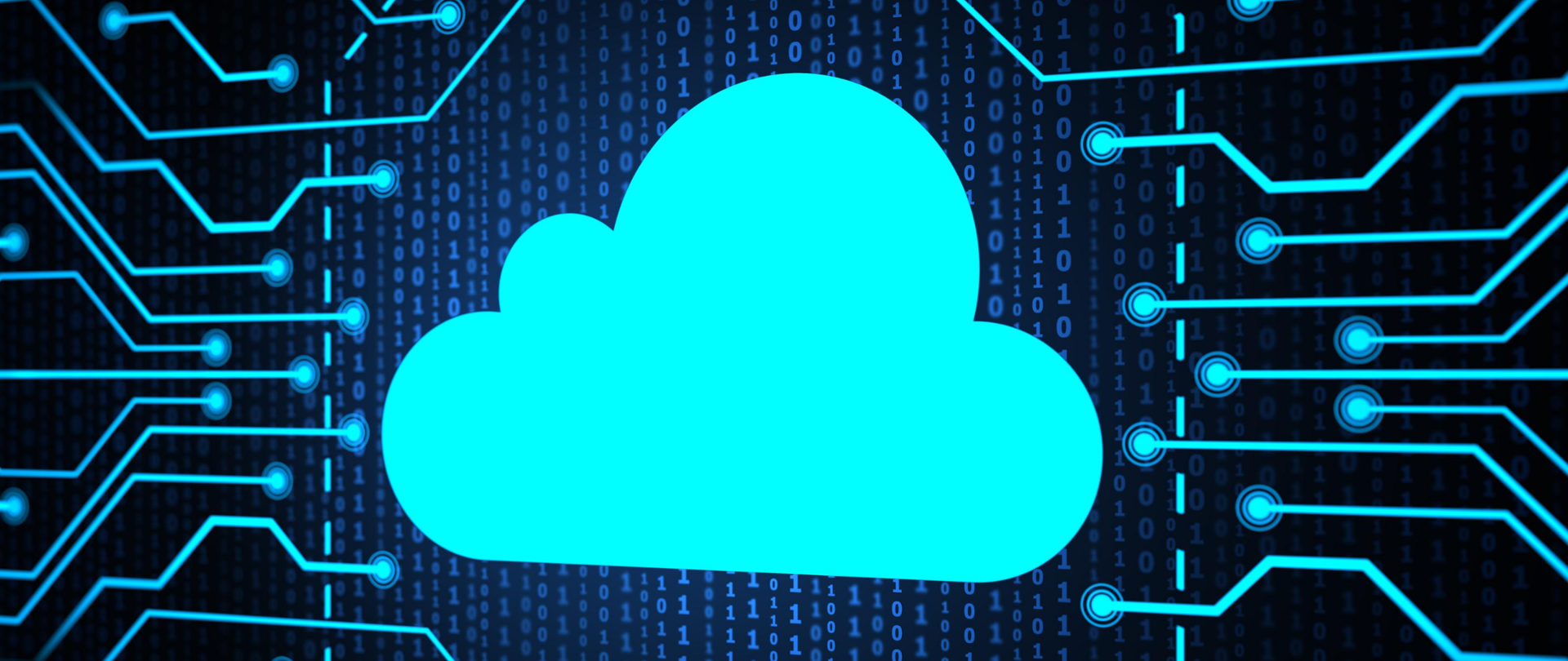 Grafika - błękitna chmura na granatowym tle, po bokach linie symbolizujące połączenia, w tle cyfry 0 i 1 symbolizujące kod.