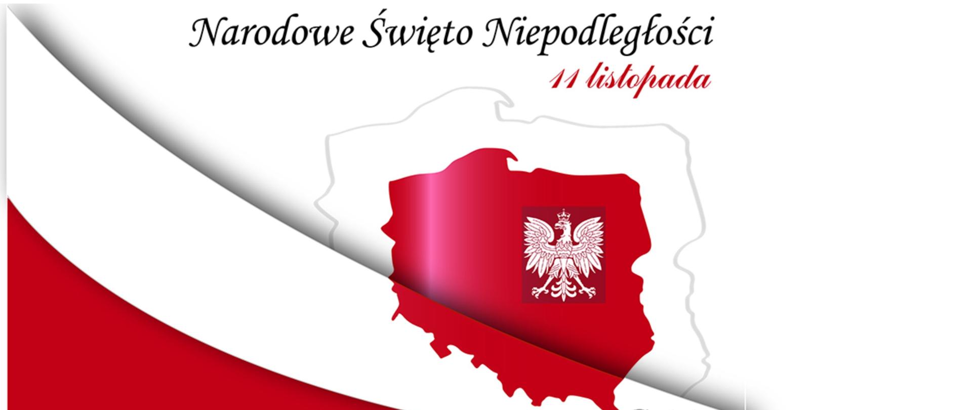 Plakat informujący o szkolnym koncercie z okazji Narodowego Święta Niepodległości, 09.11.2023, napisy w kolorze czarnym, po lewej stronie graficzny obrys Polski w pasach biało-czerwonych i napisem o święcie