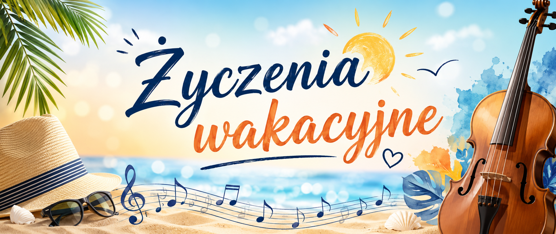 Grafika z napisem „Życzenia wakacyjne” przedstawiająca plażę, morze, skrzypce oraz nuty, utrzymana w letnim klimacie i przygotowana dla szkoły muzycznej.