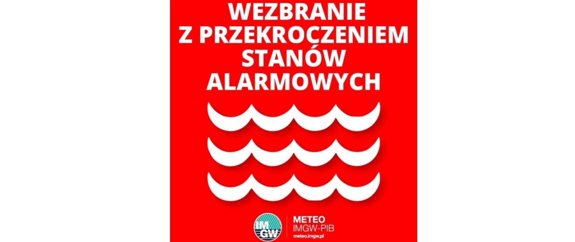 Obraz przedstawia w górnej części napis: "WEZBRANIE Z PRZEKROCZENIEM STANÓW ALARMOWYCH", natomiast poniżej znajdują się trzy wiersze fal oraz logo Instytutu Meteorologii i Gospodarki Wodnej Państwowy Instytut Badawczy z adresem do strony internetowej