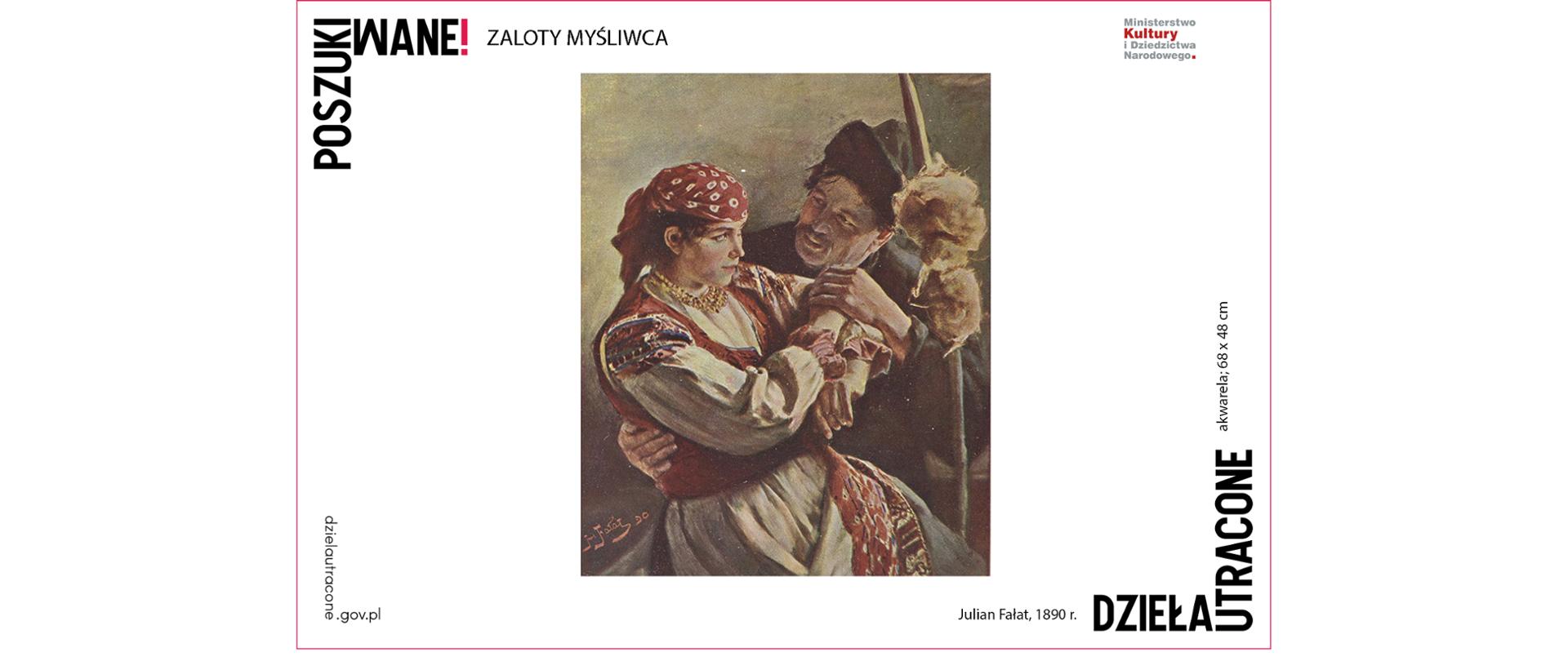 Zaloty myśliwca, Julian Fałat, 1890 r. akwarela; 68 x 48 cm
