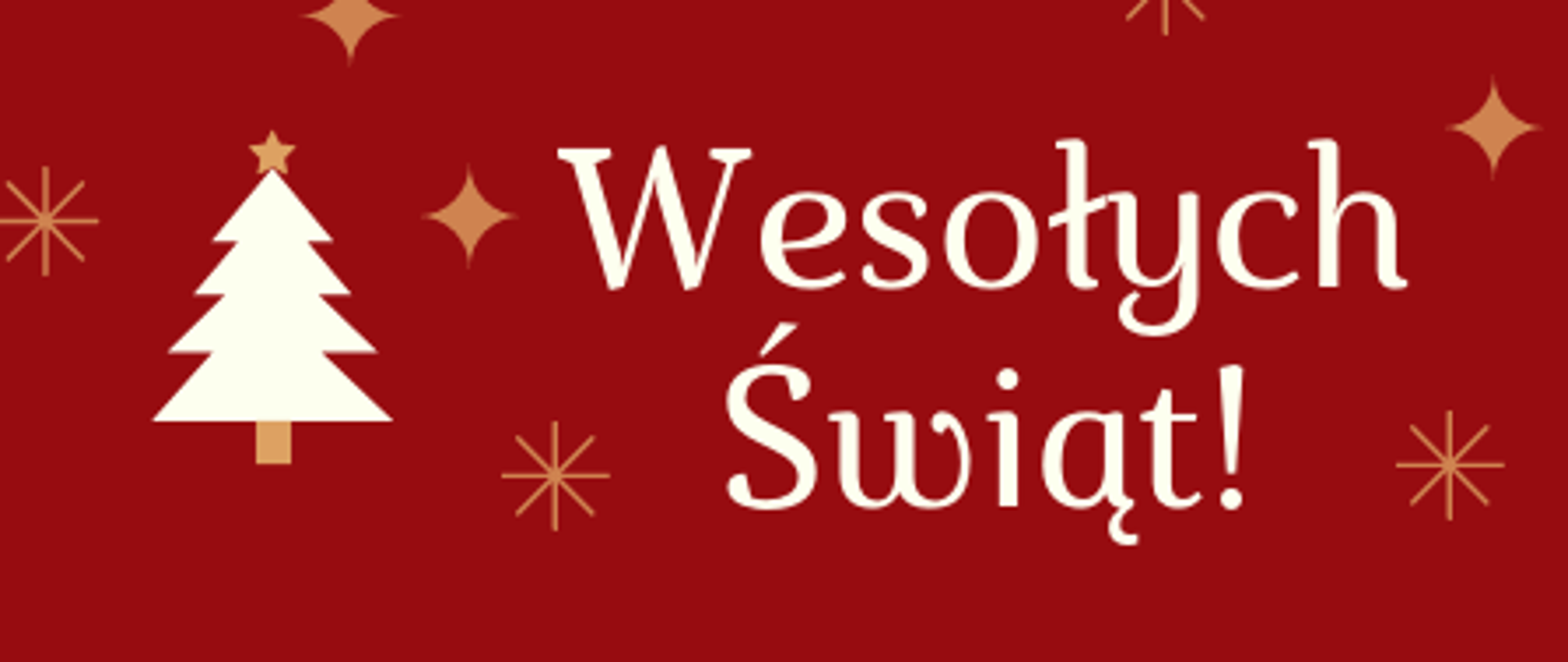 Na czerwonym tle biały napis WESOŁYCH ŚWIĄT, białe choinki i złote gwiazdki