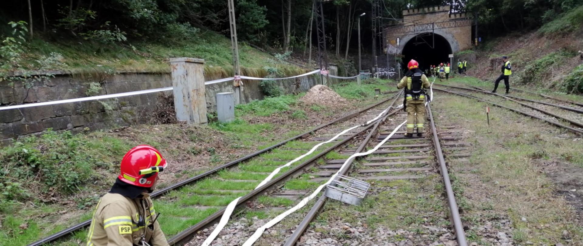 Na zdjęciu widoczne są tory kolejowe i tunel. Po obydwu stronach torów rosną drzewa. Na torach rozwinięte są węże pożarnicze. Przed wjazdem do tunelu stoi grupa strażaków w ubraniach specjalnych i policjanci. Na pierwszym planie dwóch strażaków w ubraniach specjalnych i hełmach. 