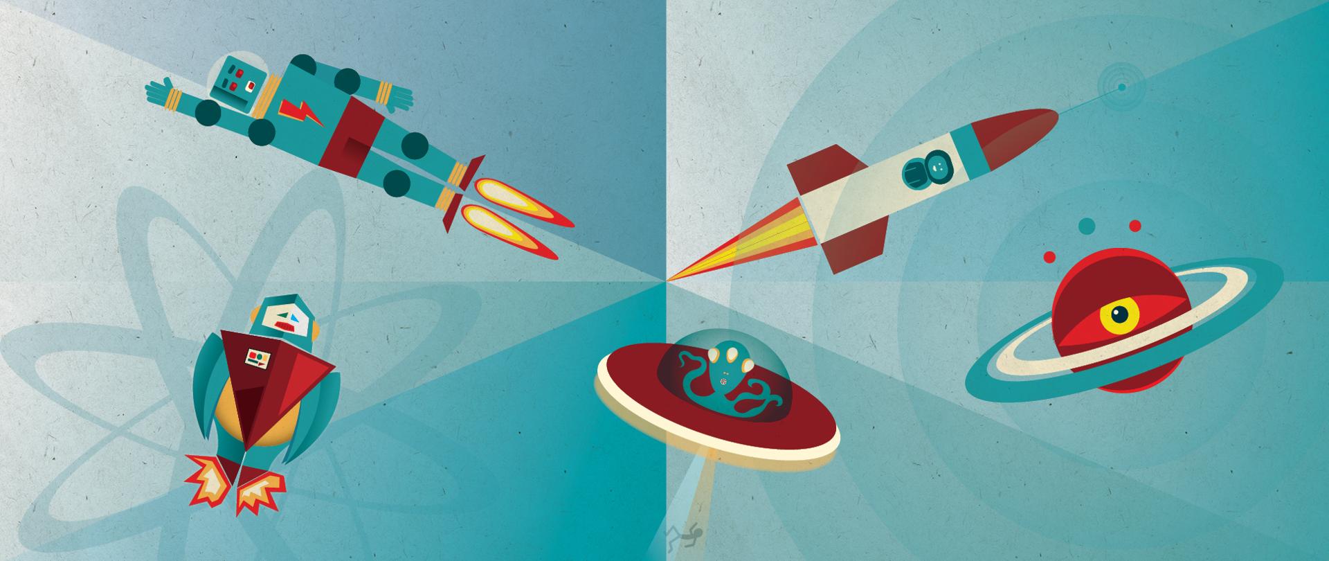 Grafika przedstawiająca roboty, planety i statki kosmiczne