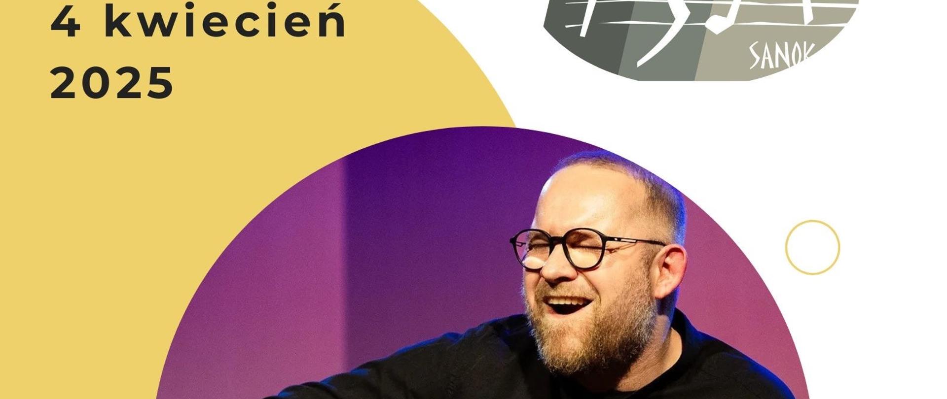 Plakat - warsztaty gitarowe dr Andrzej Olewiński z UMCS Warszawa. Zdjęcie prowadzącego, w tle żółte i białe koła.