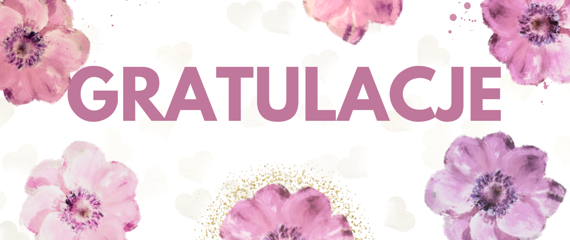 Na jasnym tle w górnej części napis gratulacje, a wokół niego różowe kwiaty.