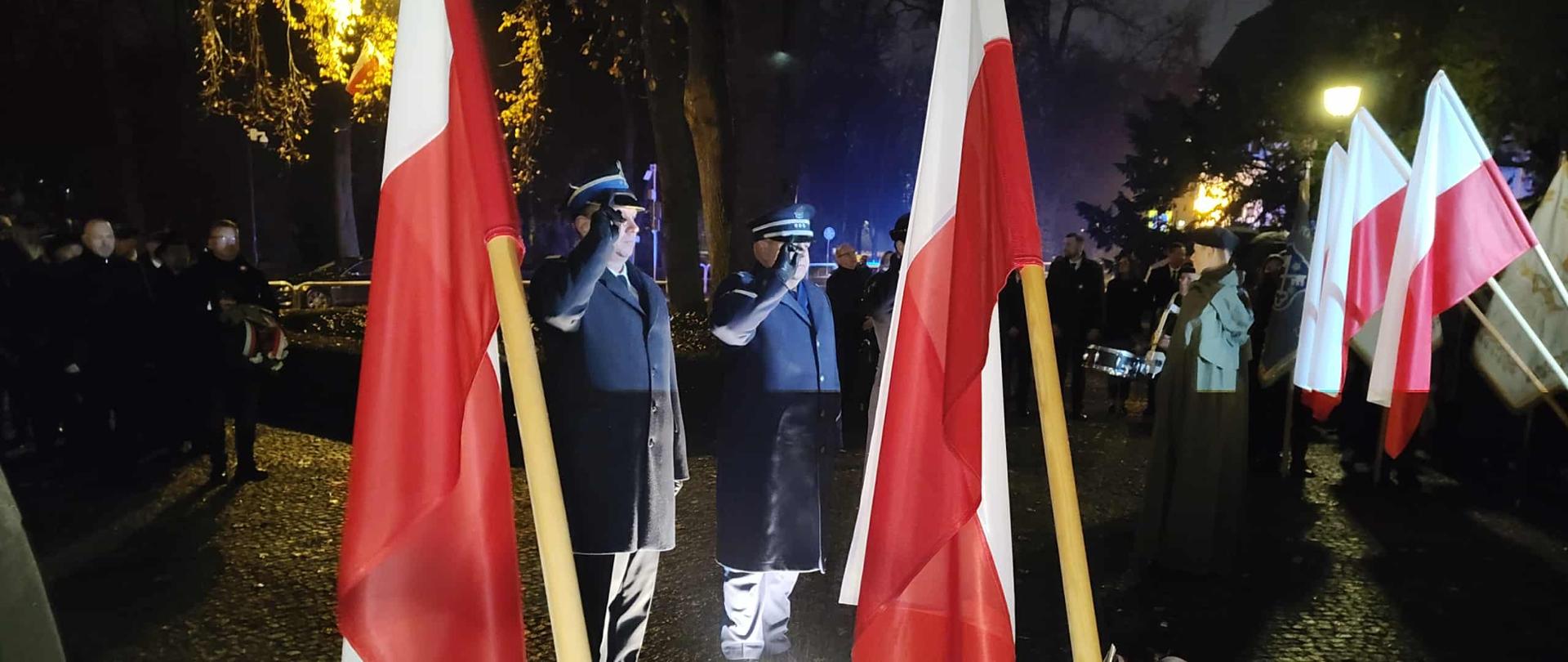 Zdjęcie przedstawia funkcjonariuszy Państwowej Straży Pożarnej i Policji podczas oddawania honoru przed pomnikiem wolności. Na pierwszym planie flagi narodowe.