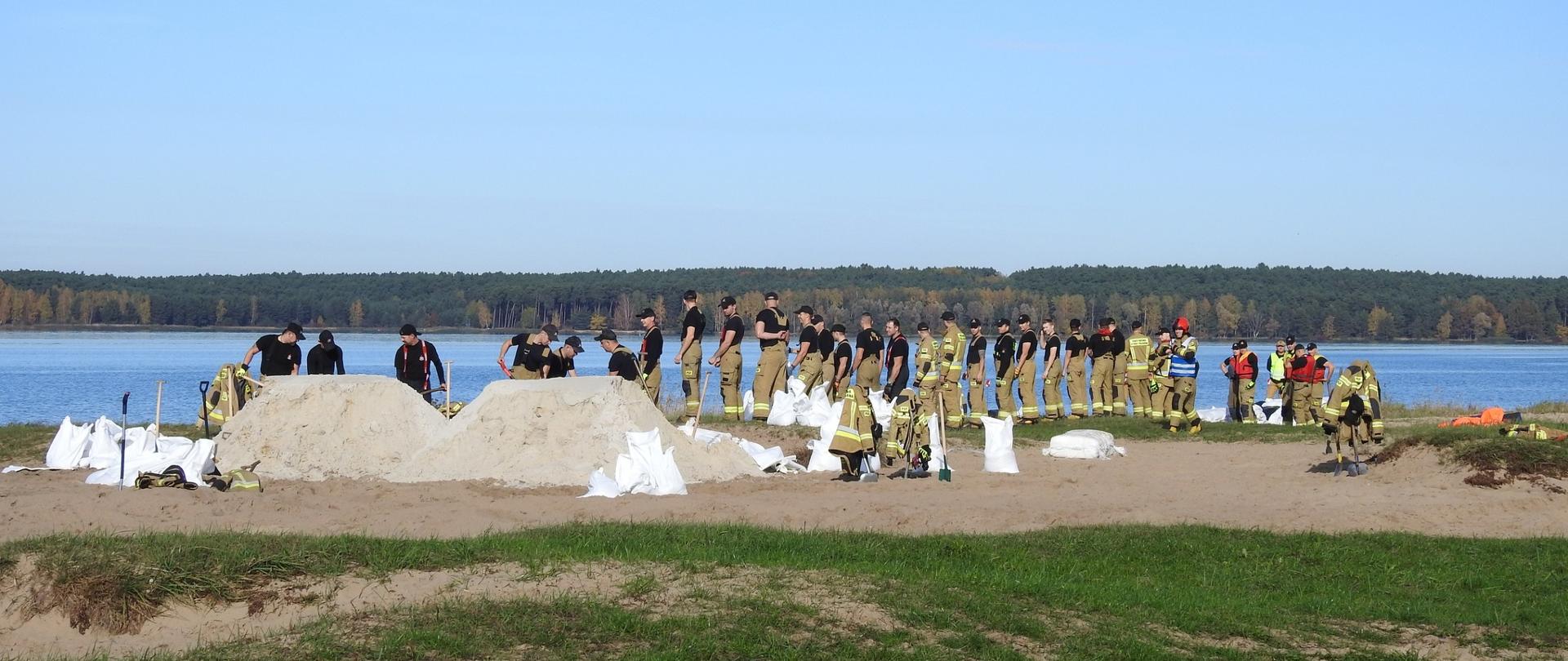 strażacy stojący wzdłuż brzegu zalewu, po lewej stronie dwie górki z piasku, w oddali widać drugi brzeg zalewu