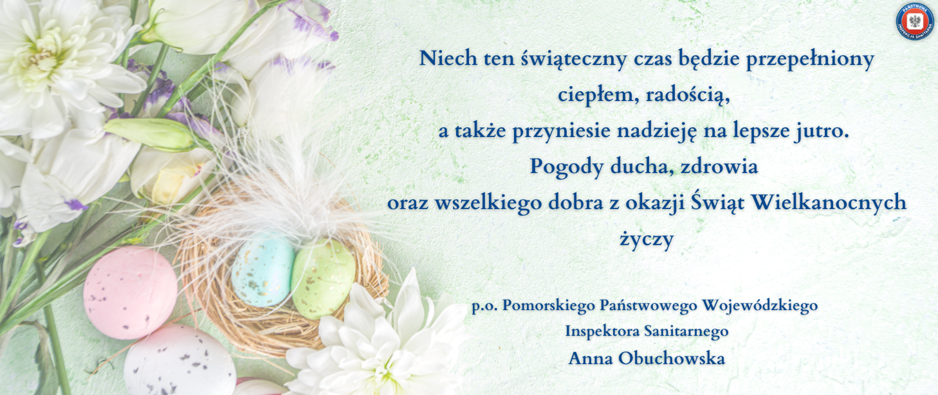 Kartka świąteczna z życzeniami na tle jajek i kwiatków