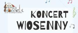Jasny i radosny plakat zaprasza na „Koncert Wiosenny – Koncert Muzyki Niepoważnej”, który odbędzie się w wykonaniu uczniów różnych klas instrumentalnych. Grafika jest bogato zdobiona motywami wiosennymi, takimi jak różowe kwiaty, kolorowe motyle oraz dryfujące w powietrzu nuty i klucze wiolinowe. W centralnym punkcie widnieje uśmiechnięta postać kuli ziemskiej z rączkami, u stóp której umieszczono ilustracje instrumentów: gitary, akordeonu, wiolonczeli oraz trąbki. Wydarzenie zaplanowano na 23 marca 2026 roku o godzinie 17:00 w sali koncertowej szkoły. W górnym rogu znajduje się logotyp Państwowej Szkoły Muzycznej I stopnia imienia Mieczysława Michalskiego w Lęborku, a na dole widnieje informacja, że wstęp na koncert jest wolny.