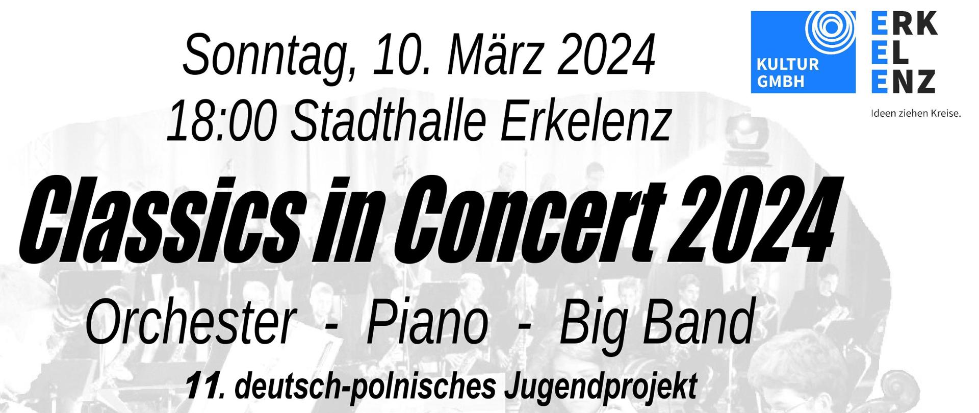 Na górze plakatu na bordowym tle w lewym górnym rogu zdjęcie twarzy skrzypka oraz skrzypiec, górnym prawym rogu nazwa fundacji Pro Musica Erkelenz e.V. Poniżej klawiatura fortepianu. Pod spodem data koncertu, nazwa, występujący. W stopce plakatu logotypy fundacji wspierających projekt.