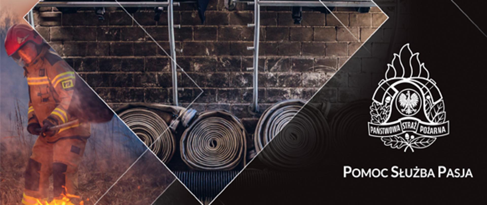 kalendarium na czarnym tle, białe logo PSP z podpisem pomoc służba pasja, w tle zdjęcie strażaka gaszącego trawę oraz hełmy strażackie i odcinki wężowe na regałach
