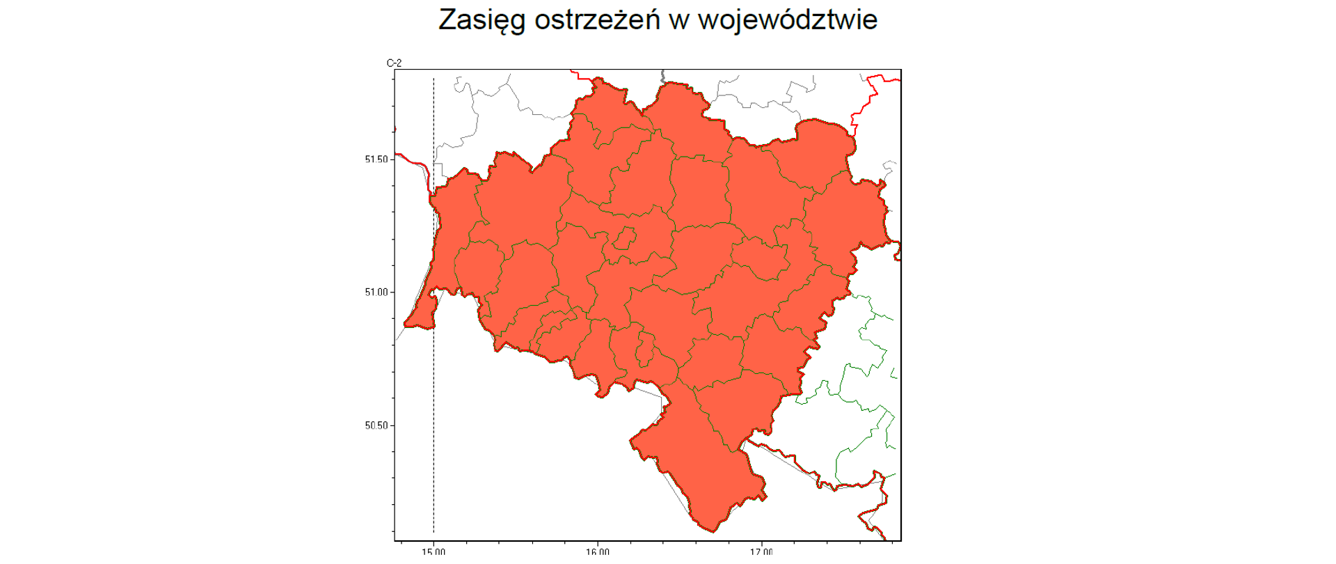Mapa dolnego śląska dotycząca ostrzeżenia przed silnymi wiatrami - kolor czerwony - 3 stopień 