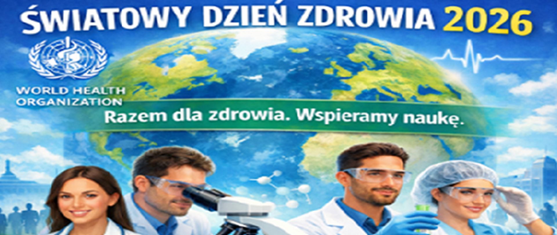 Plakat promujący Światowy Dzień Zdrowia 2026. Na górze widoczny napis „ŚWIATOWY DZIEŃ ZDROWIA 2026” oraz logo Światowej Organizacji Zdrowia. W tle kula ziemska z zaznaczonymi kontynentami i linią pulsu symbolizującą zdrowie. Na dole hasło „Razem dla zdrowia. Wspieramy naukę.” oraz cztery osoby w strojach medycznych: kobieta i mężczyzna w fartuchach laboratoryjnych, naukowiec pracujący przy mikroskopie oraz kobieta w czepku ochronnym trzymająca próbkę w laboratorium.