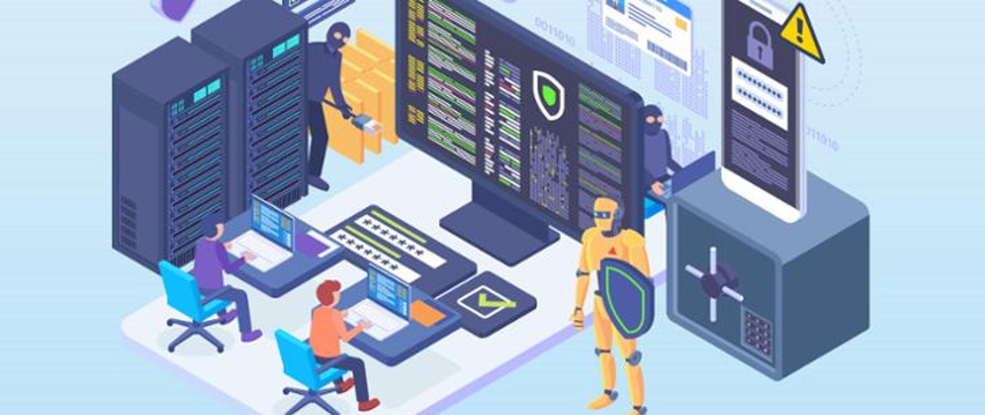 Animowana grafika przedstawiająca postacie korzystające z komputerów - obok nich postać ubrana w żółty kombinezon z tarczą w ręku 