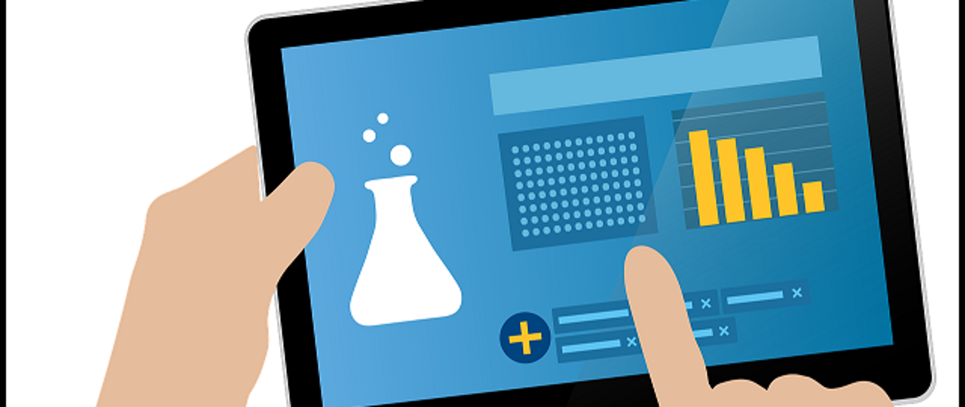 grafika przedstawiająca tablet z wykresami i fiolka laboratoryjną