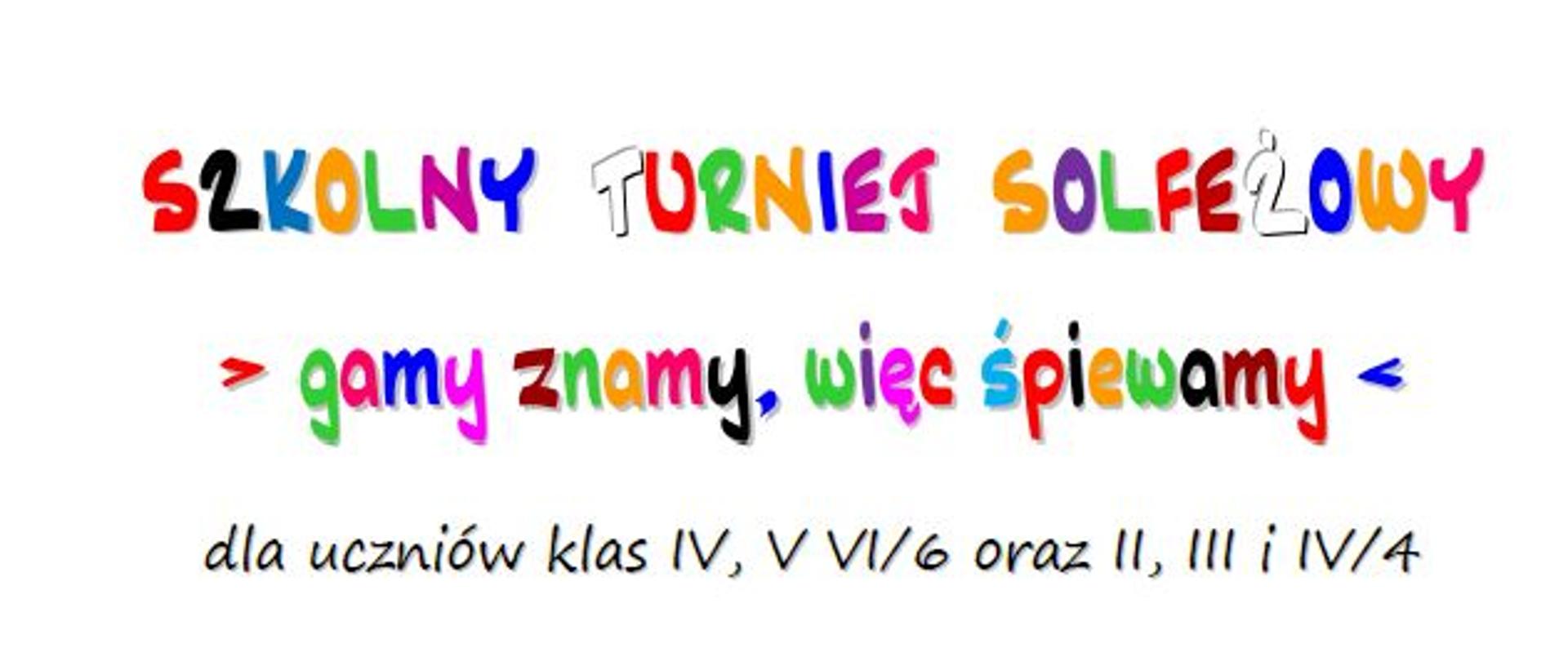 Plakat na białym tle z informacją o Turnieju solfeżowym dla uczniów klas IV, V, VI/6 oraz II, III, IV/6 - 20 kwietnia 2023 oraz szczegółowymi informacjami dot. konkursu. Grafika śpiewających dzieci na dole plakatu.