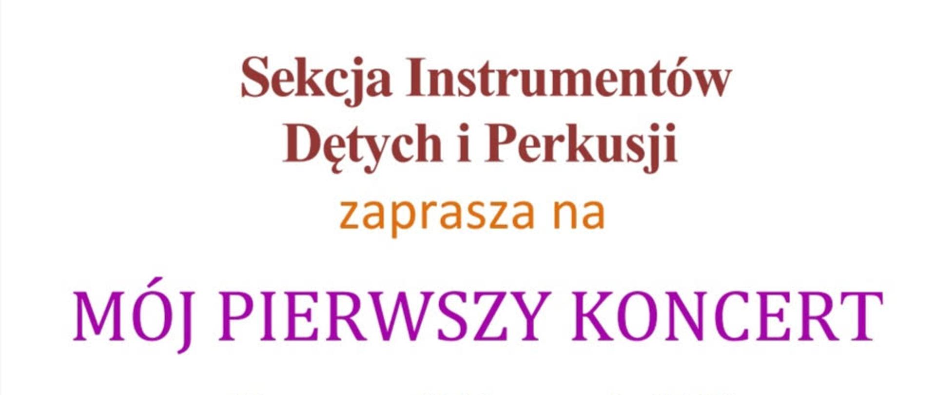 plakat z motywem gramofonu i pary dzieci z napisem Sekcja Instrumentów Dętych i Perkusji zaprasza na Mój Pierwszy Koncert 15 czerwca 2026 r. o godzinie 17:00
