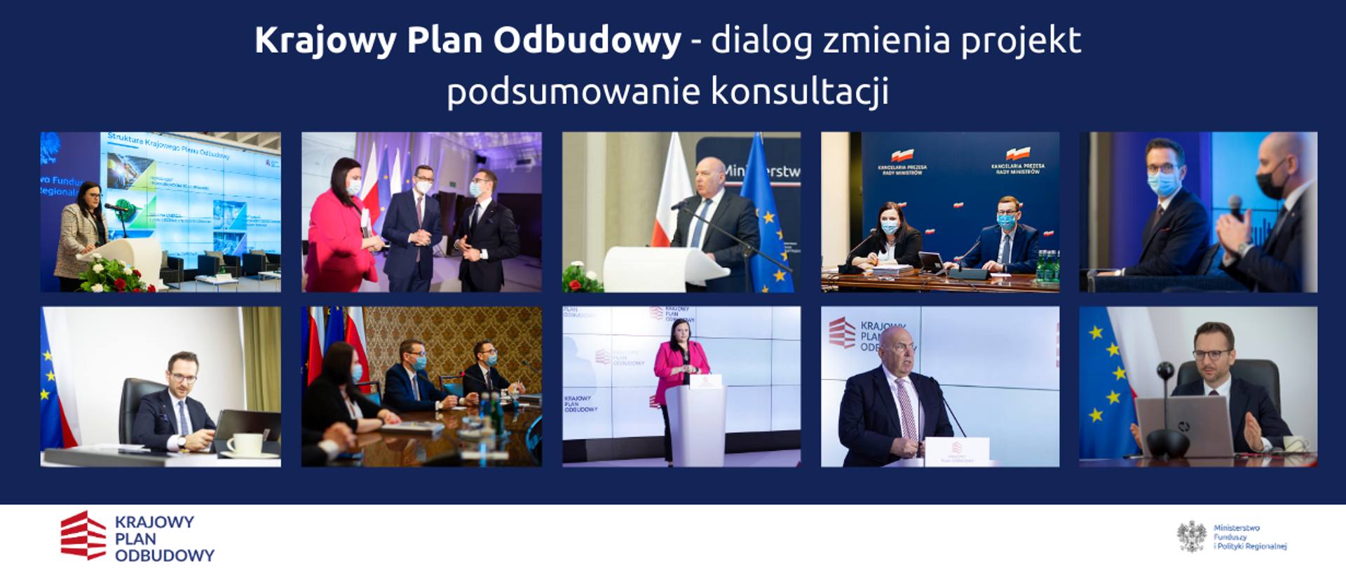 napis na grafice: Krajowy Plan Odbudowy - dialog zmienia projekt - podsumowanie konsultacji i zdjęcia z debat i wysłuchań