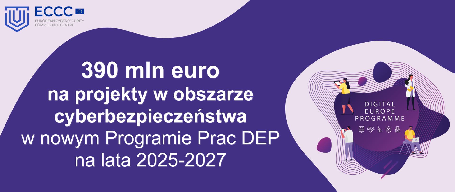Grafika przedstawia logo ECCC oraz Digital Europe Programme oraz duży napis "390 mln euro na projekty w obszarze cyberbezpieczeństwa w nowym Programie Prac DEP na lata 2025-2027. Kolorystyka utrzymana jest w barwach programu Cyfrowa Europa - ciemny fiolet oraz jego jaśniejsze odcienie.