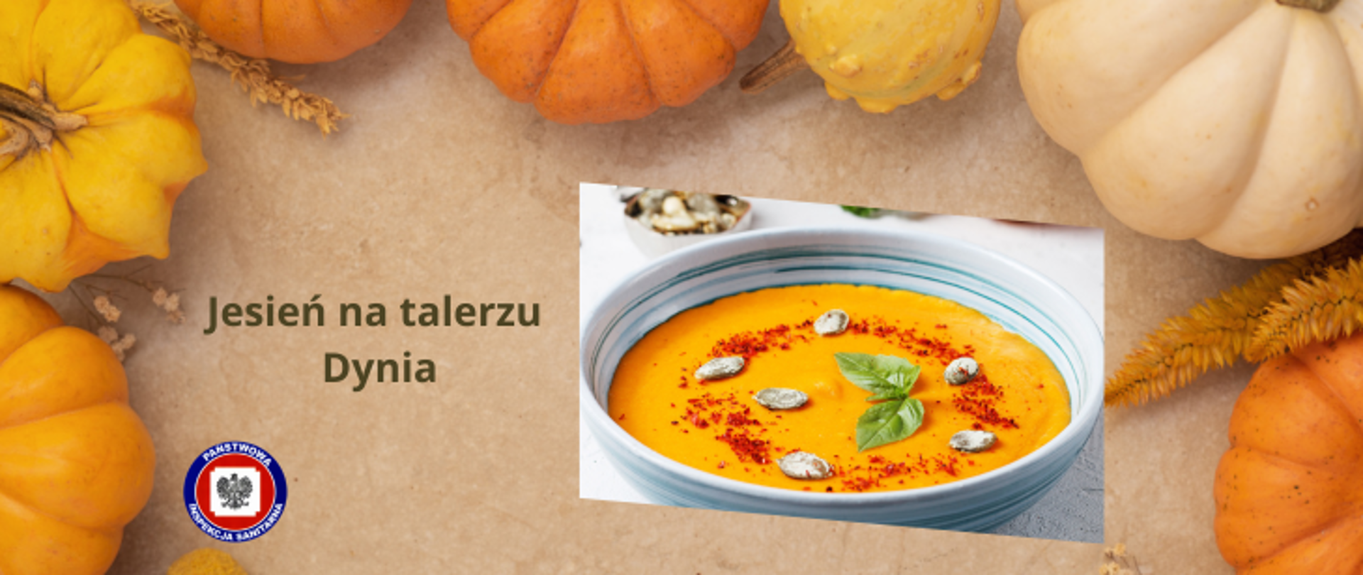 Na beżowym tle po obrzeżu różne rodzaje dyni, z prawej jasna miska z zupą z dyni posypana z wierzchu chili, pestkami dyni i liskiem mięty, z lewej strony zielony napis jesień na talerzu Dynia, poniżej logo Państwowej Inspekcji Sanitarnej.