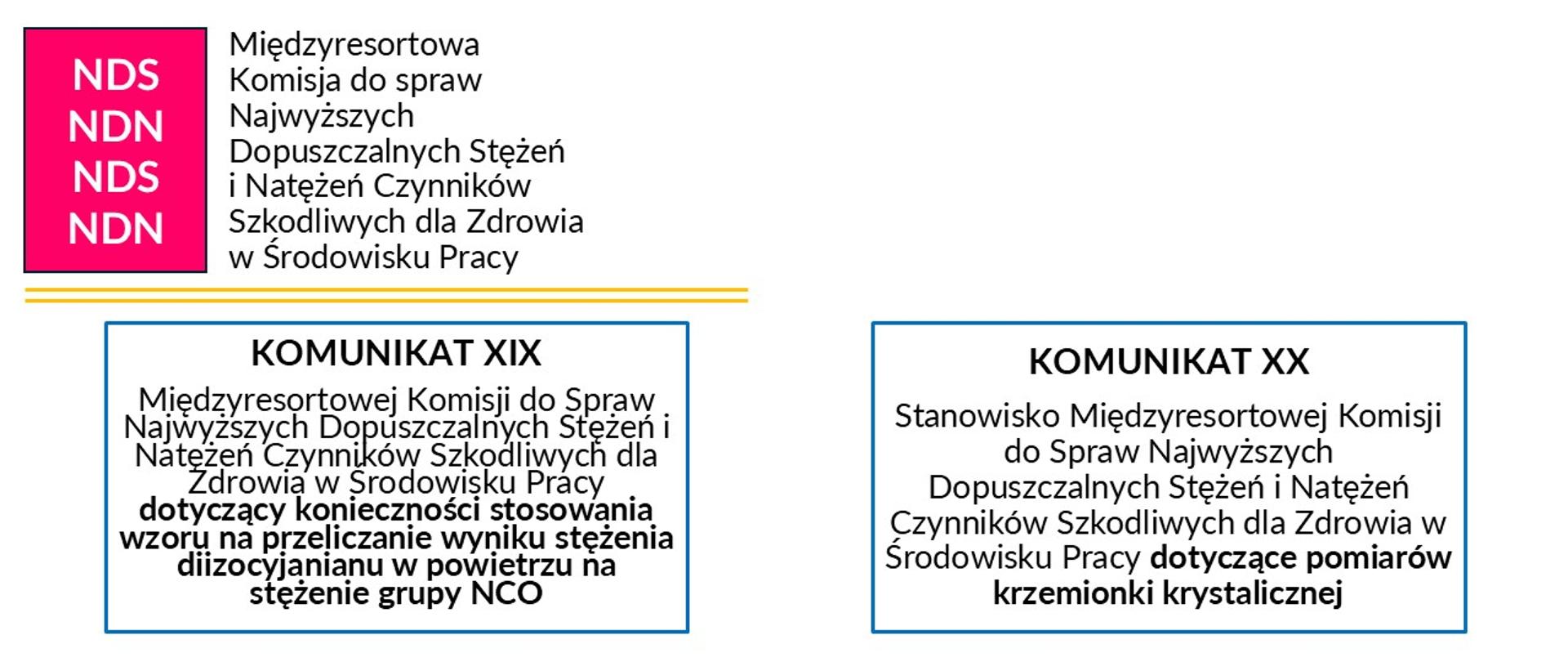 Na białym tle w ramkach informacja o Komunikacie XIX i XX Międzyresortowej Komisji ds. NDS i NDN czynników szkodliwych dla zdrowia w środowisku pracy