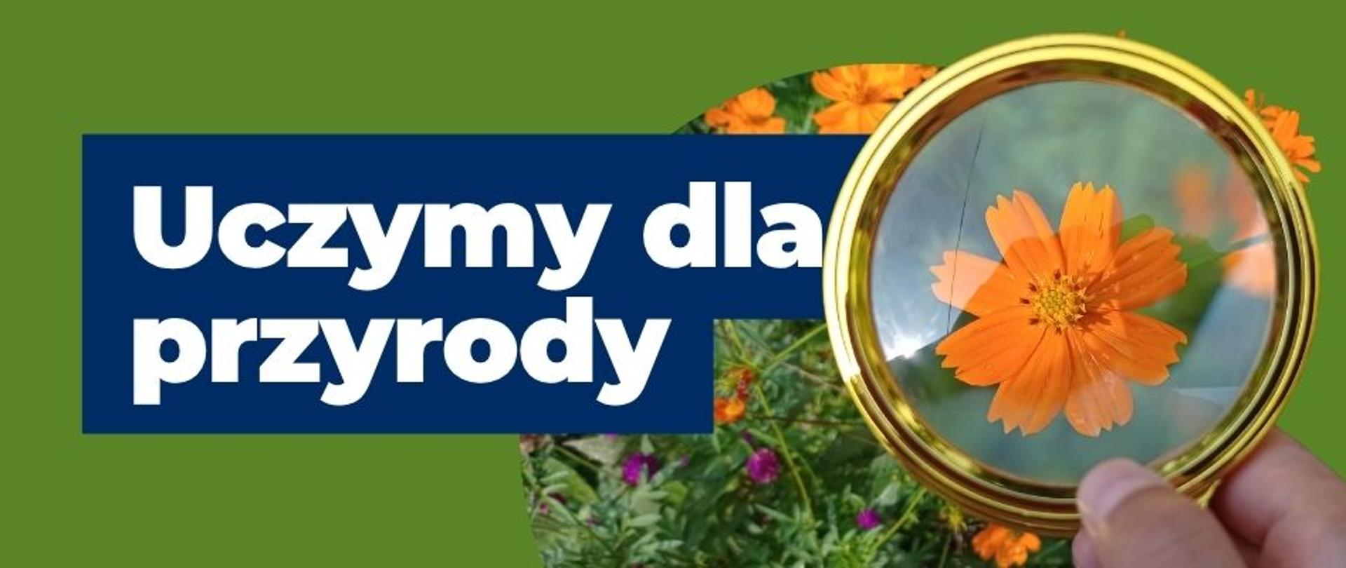 baner z napisem Uczymy dla przyrody, na banerze widoczne jest szkło powiększające przez które widać pomarańczowego kwiatka. 