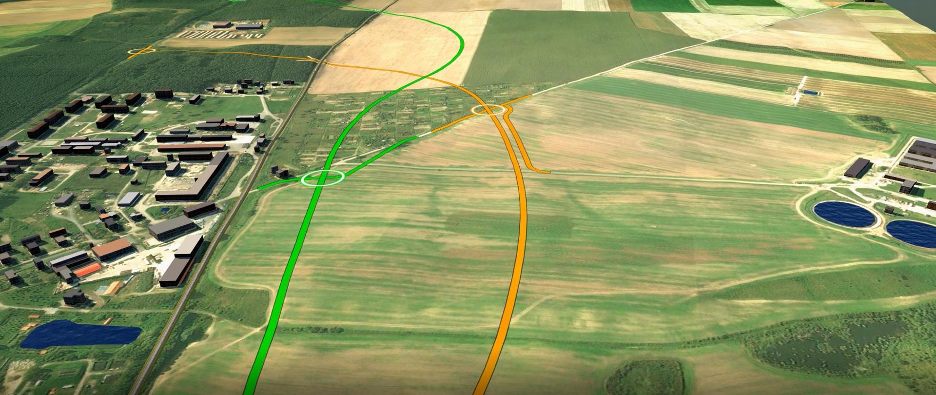 Zdjęcie z wizualizacji z naniesionymi wariantami przebiegu obwodnicy Przytocznej