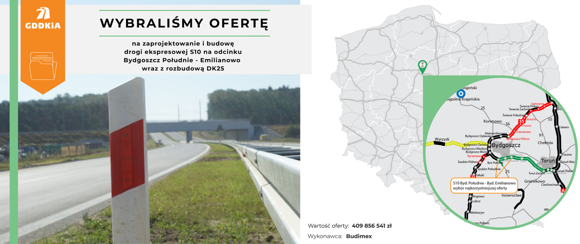 Infografika dot. wyboru najkorzystniejszej oferty w przetargu na realizację S10 Bydgoszcz Południe - Bydgoszcz Emilianowo