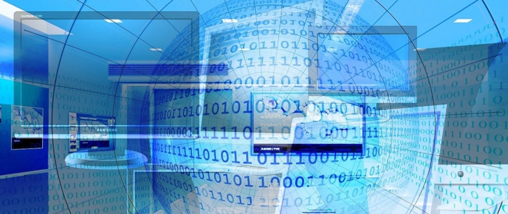 „Cyfrowa ilustracja centrum danych z kodem binarnym i przezroczystymi ekranami.”