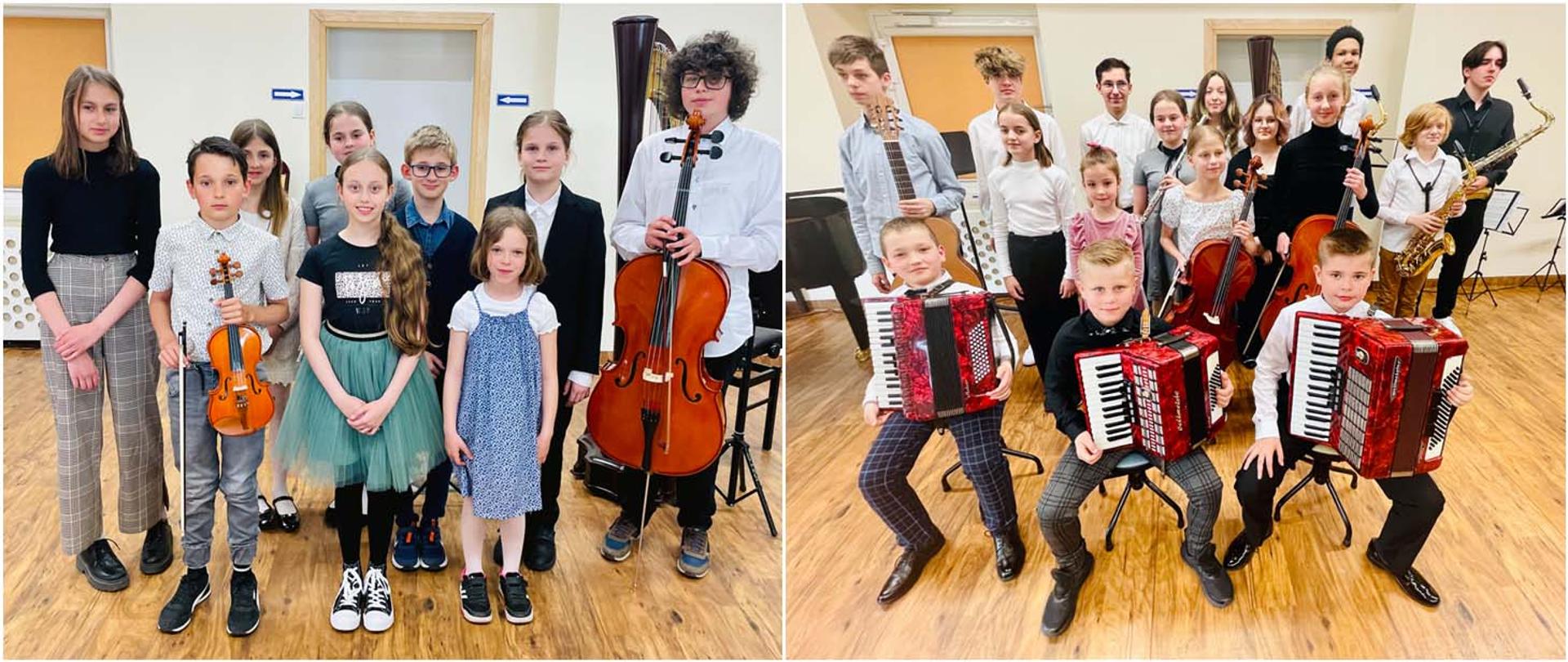 Collage dwóch zdjęć, na obu z nich (po prawej i po lewej stronie) grupa kilkunastu uczniów trzymających w rękach różne instrumenty muzyczne.