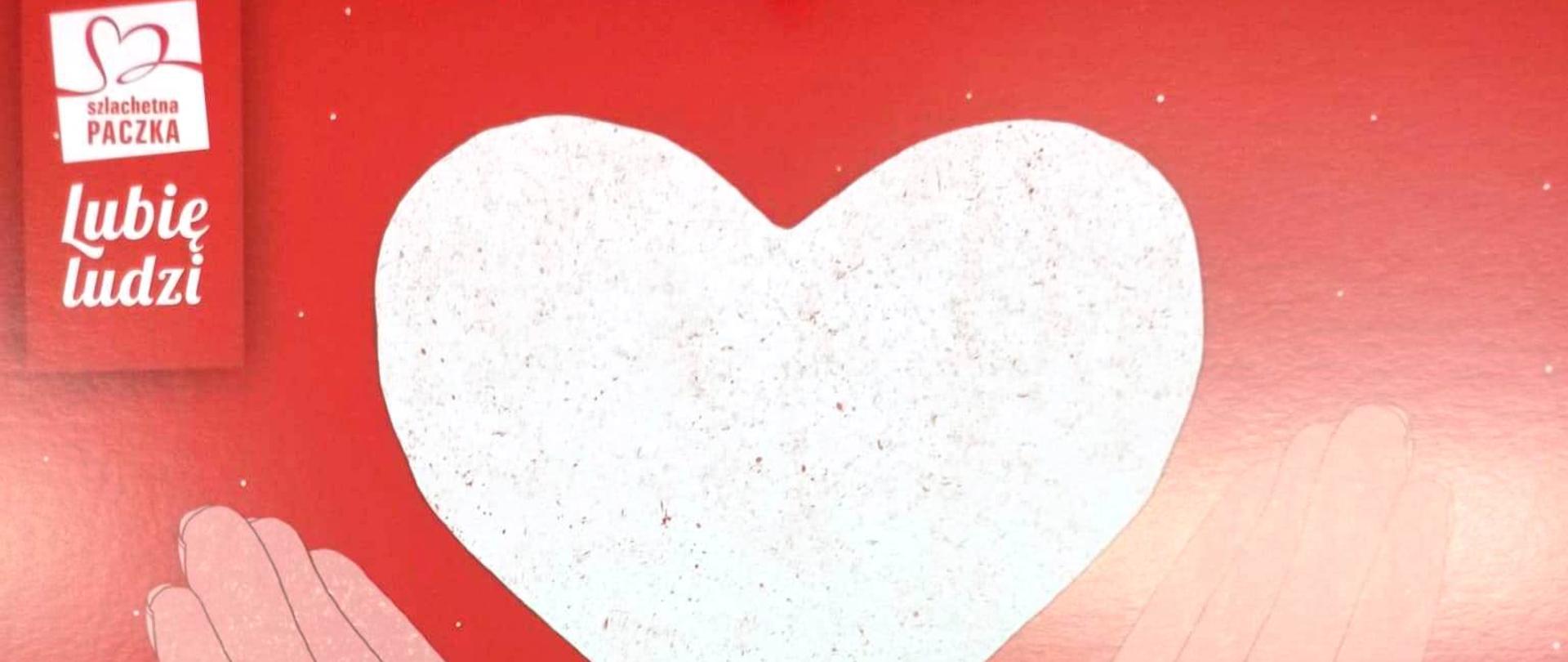 Zdjęcie przedstawia kolorowe biało czerwone logo akcji szlachetnej paczki. Na czerwonym tle symboliczne dwie różowe dłonie, pośrodku biały kształt serca. Pod spodem biały napis dziękujemy. W lewym górnym rogu symbol i napis szlachetna paczka lubię ludzi. U dołu widoczny napis o treści podziękowanie za udział w dwudziestej pierwszej edycji szlachetnej paczki.