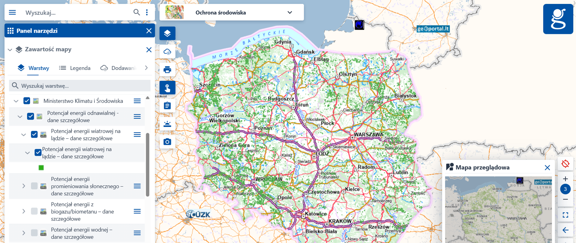 Zrzut ekranu z serwisu www.geoportal.gov.pl, prezentujący nową usługę "Potencjał energii wiatrowej na lądzie – dane szczegółowe"
