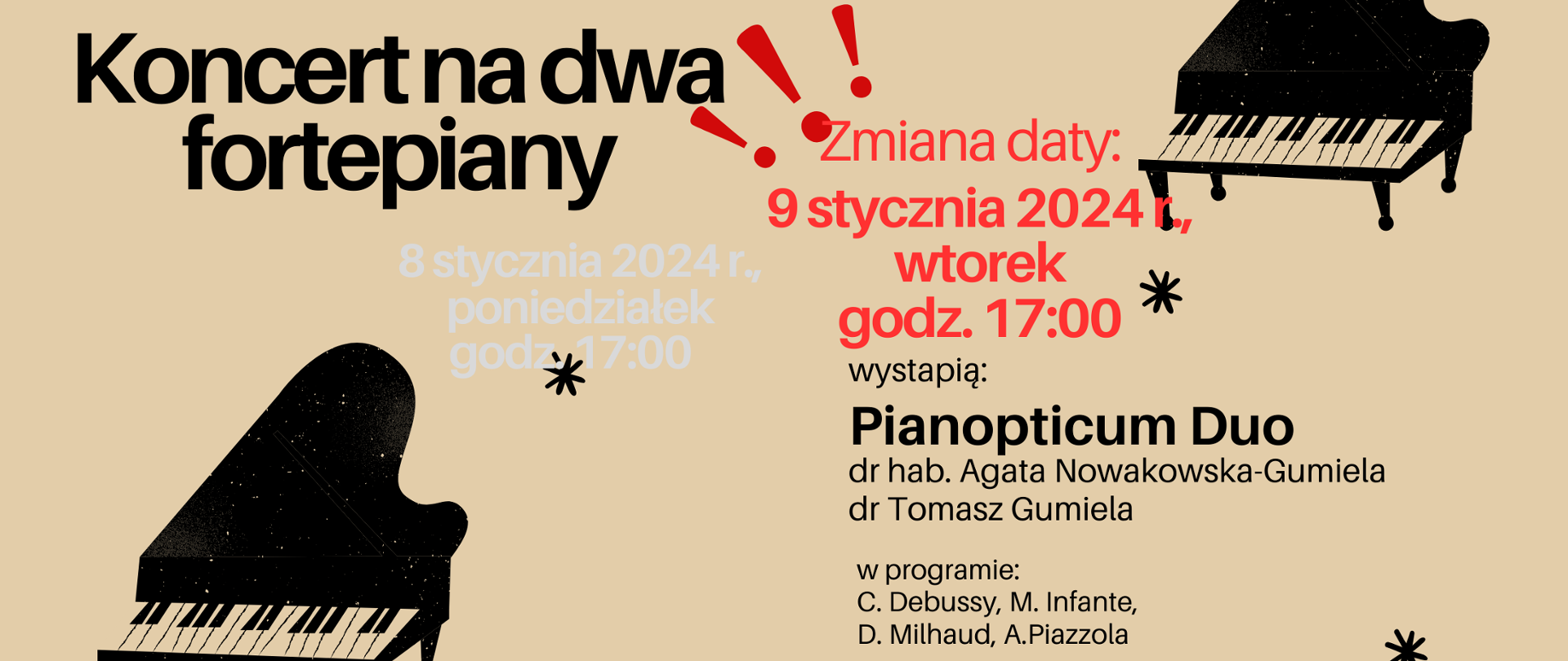 Plakat przedstawia informację o koncercie duetu fortepianowego, który odbędzie się 9 stycznia o godz. 17:00