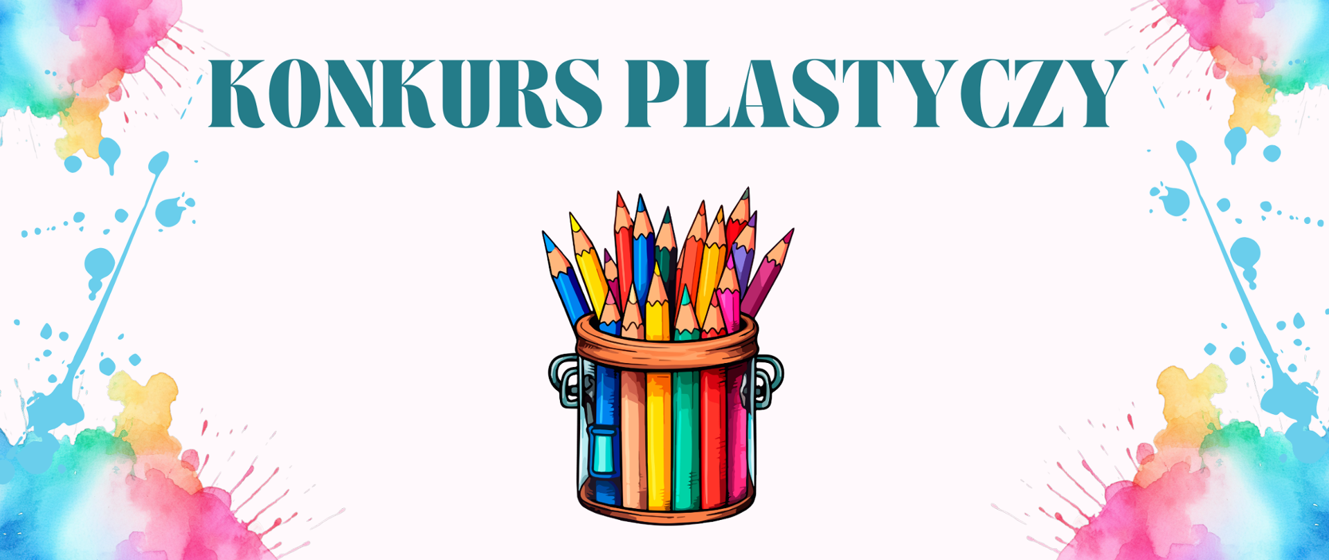 Grafika pozioma o charakterze promocyjnym, utrzymana w radosnej i artystycznej stylistyce. Na białym tle, w górnej części, widnieje duży napis w języku polskim: „KONKURS PLASTYCZNY”. Litery są pogrubione, w kolorze ciemnoturkusowym.
W centralnym punkcie obrazu znajduje się ilustracja przedstawiająca kubek wypełniony kolorowymi kredkami. Kredki mają różne barwy (m.in. żółtą, czerwoną, niebieską, fioletową i pomarańczową) i są skierowane zaostrzonymi rysikami ku górze. Sam kubek jest stylizowany na metalowy pojemnik z uchwytami.
Brzegi grafiki (lewy i prawy dolny róg oraz górne krawędzie) zdobią kolorowe plamy i odpryski farb, przypominające efekt akwareli. Dominują odcienie różu, błękitu, żółci i pomarańczu, co nadaje całości dynamiczny, kreatywny charakter.