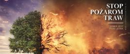 Zdjęcie przedstawia plakat promujący akcję stop pożarom traw. Na zdjęciu przedstawione jest drzewo stojące na łące. Lewa strona drzewa i łąki jest zielona. Prawa strona drzewa i łąki natomiast jest w płomieniach.