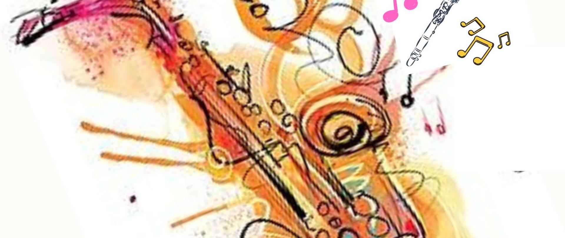 plakat w pionie, w centralnej części kolorowa grafika saksofonu , z którego wypływają kolorowe nuty i klarnet. Pod rysunkiem literami w żółtym i niebieskim kolorze data wydarzenia 16 styczeń godzina 18.00 oraz informacja o wolnym wstępie. Nad rysunkiem nazwa wydarzenia czyli audycja uczniów klasy saksofonu i klarnetu pana Zbigniewa Sobocińskiego. Na samej górze plakatu od lewej strony logo Funduszy Europejskich niebieski prostokąt z trzema gwiazdami w kolorze białym, żółtym i czerwonym; logo szkoły czarna główka instrumentu smyczkowego oraz dużymi literami skrót PSM; po prawej stronie flaga Unii Europejskiej niebieski prostokąt z okręgiem z żółtych gwiazd.