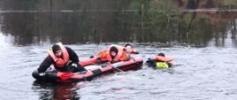 Na rozmarzającej tafli jeziora utrzymuje się w wodzie jedna osoba, w jej kierunku na desce lodowej płynie trzech ratowników w kamizelkaza z napisem STRAŻ na plecach.