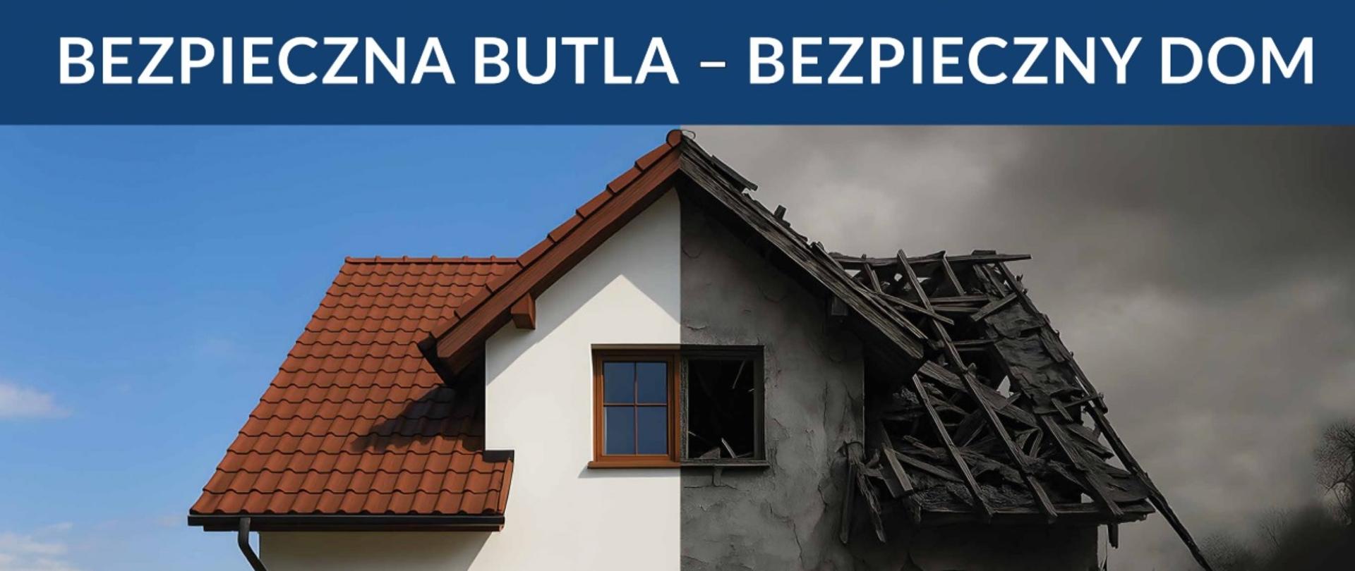 Na obrazie widzimy podzielony na pół dom, ilustrujący kontrast pomiędzy bezpieczeństwem a zagrożeniem. Lewa strona przedstawia jasny, zadbany budynek z czerwonym dachem, czystą elewacją i niebieskim niebem w tle – symbolizuje bezpieczeństwo. Prawa strona ukazuje ten sam dom, ale w ruinie: dach jest zawalony, ściany są popękane i osmolone, okna wybite, a na ziemi leży zniszczona butla gazowa LPG; tło jest ciemne i ponure. Na górze umieszczono napis: „BEZPIECZNA BUTLA – BEZPIECZNY DOM”. Na dole widnieje tekst: „PŁACISZ – WYMAGAJ! TO TWOJE BEZPIECZEŃSTWO” oraz informacja o stronie www.tdt.gov.pl i kod QR prowadzący do materiałów o prawidłowym użytkowaniu butli LPG.