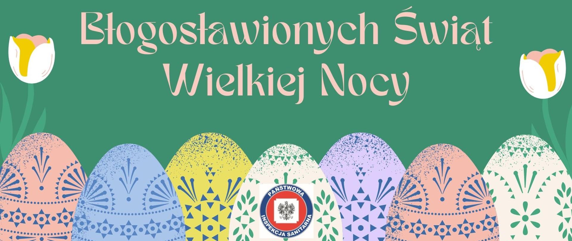 Napis "Błogosławionych Świąt Wielkiej Nocy" z rysunkiem ozdobionych jajek.